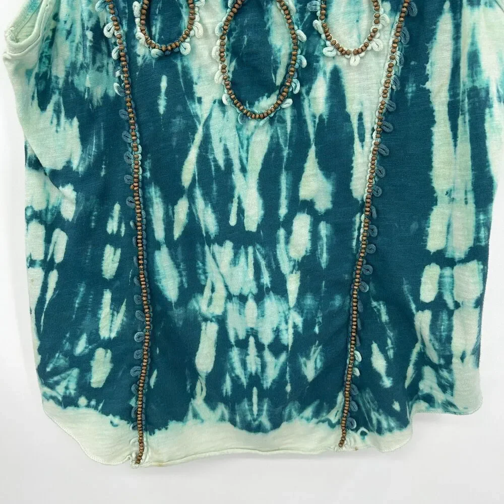 FREE PEOPLE Blue Green Tie Dye Y2K Scoop Neck Beaded Boho Tank Top Size XS